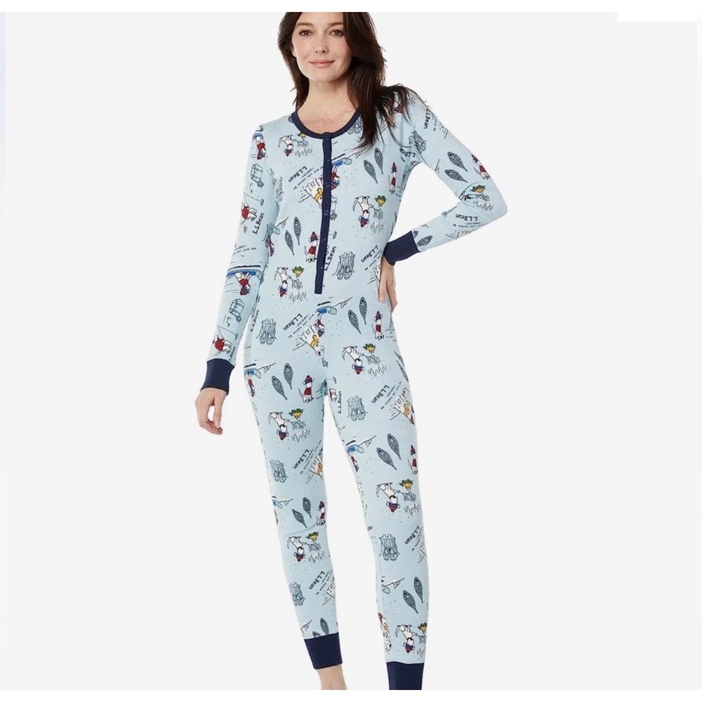 LL Bean Womens 1X Blue Waffle Knit Winter Buddy The Dog Print Union Suit Pajamas